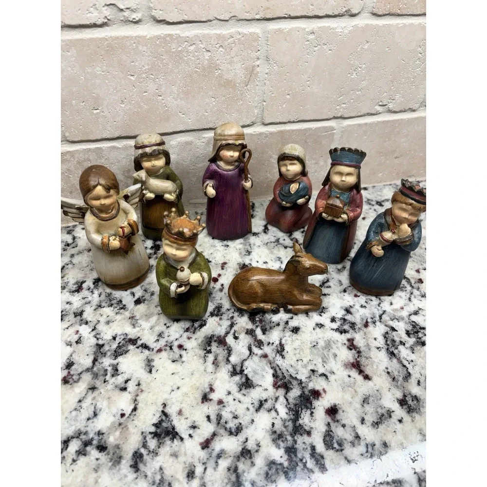 Vintage TII Collections Folk Art Mini Resin Nativity Set Complete Country